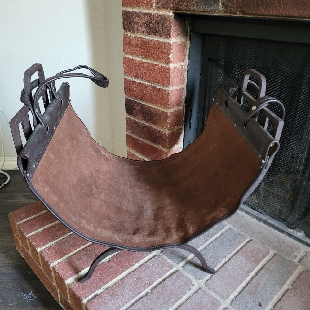Brown Leather Hanging Firewood Sling - Home Accents Vintage Cast Iron Log